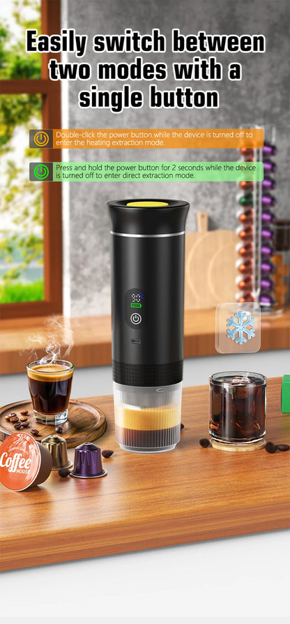 Para los amantes del cafe, Cafetera eléctrica portátil inalámbrica Foombthe para coche y camping, con depósito de agua de 80 ml, pantalla digital, 3 en 1, para cápsulas de café en polvo y viajes.