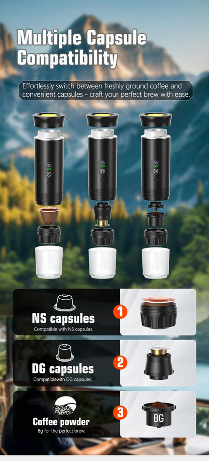 Para los amantes del cafe, Cafetera eléctrica portátil inalámbrica Foombthe para coche y camping, con depósito de agua de 80 ml, pantalla digital, 3 en 1, para cápsulas de café en polvo y viajes.