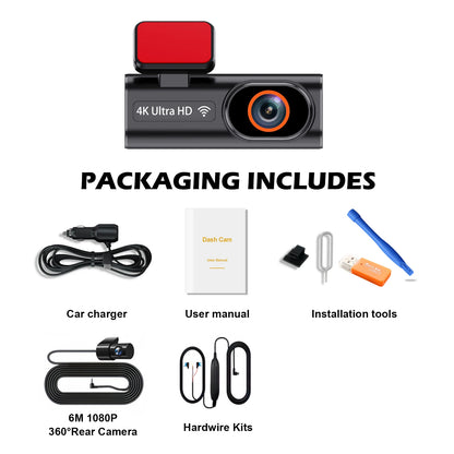 Cámara de salpicadero frontal Ultra HD 4K para coche, Mini WIFI DVR, caja negra para habitación con Monitor de estacionamiento 24H, visión nocturna, GPS/cámara de visión trasera opcional