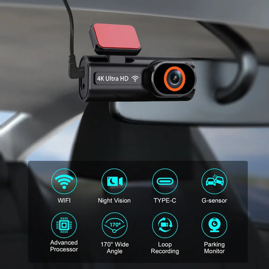 Cámara de salpicadero frontal Ultra HD 4K para coche, Mini WIFI DVR, caja negra para habitación con Monitor de estacionamiento 24H, visión nocturna, GPS/cámara de visión trasera opcional