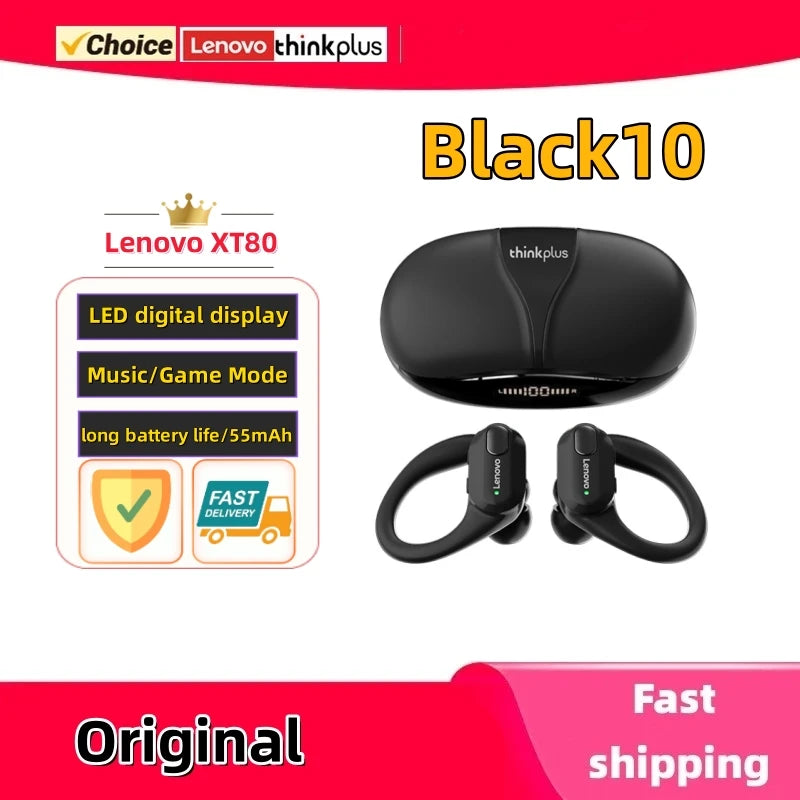Auriculares inalámbricos deportivos Lenovo XT80 originales con micrófonos, pantalla LED de alimentación, sonido estéreo de alta fidelidad, auriculares Bluetooth 5,3 TWS, resistente al agua y soporte de apple siri