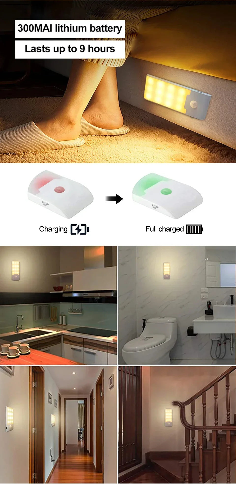 Luz LED nocturna con Sensor de movimiento, luz de pared recargable por USB para armario, pasillo, escalera, mesita de noche, luces de noche para dormitorio.