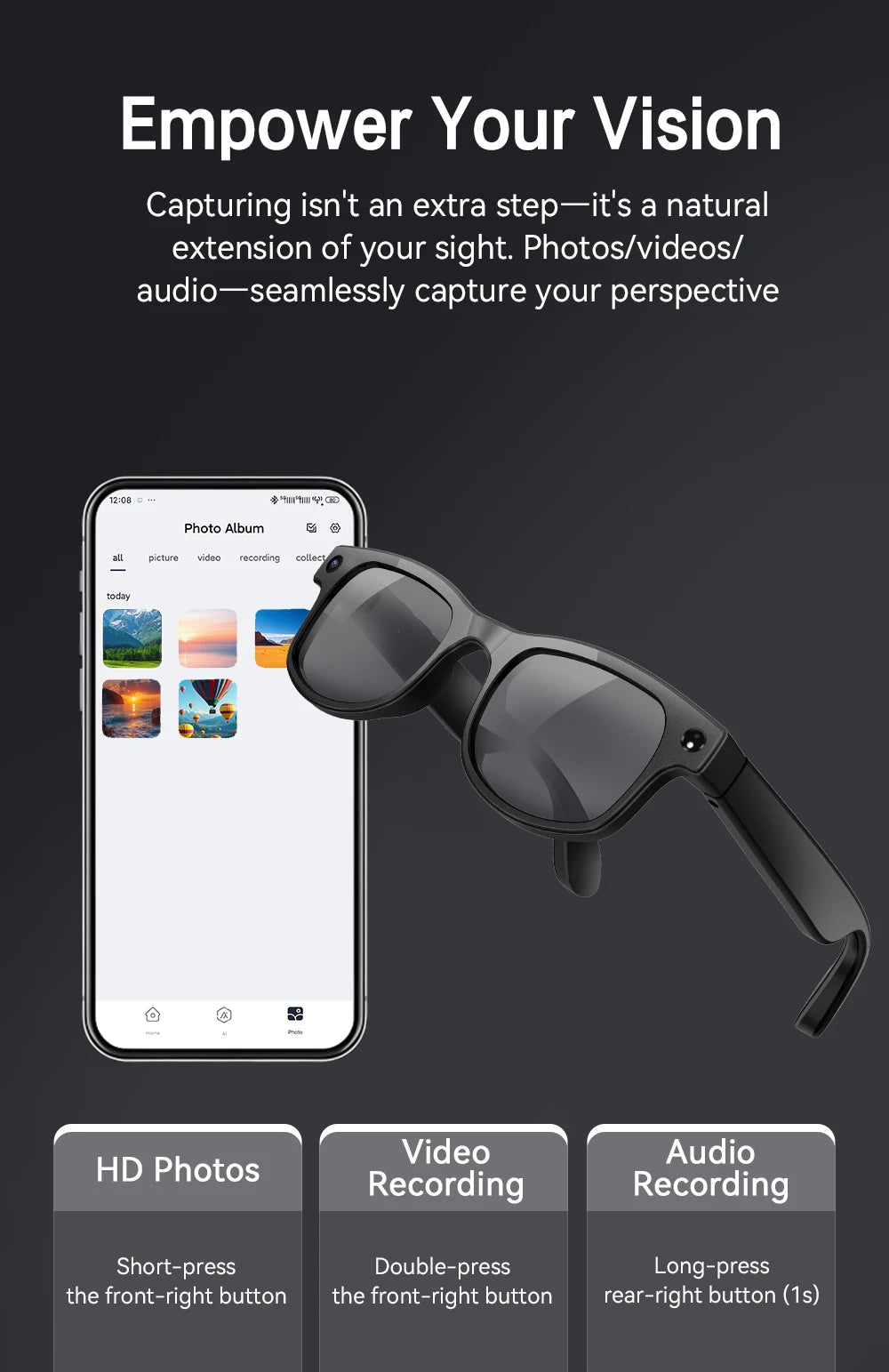 Xiaomi 6K HD AI gafas inteligentes gafas fotocromáticas multifunción cámara Bluetooth llamadas asistente de voz reproductor de música traducción.
