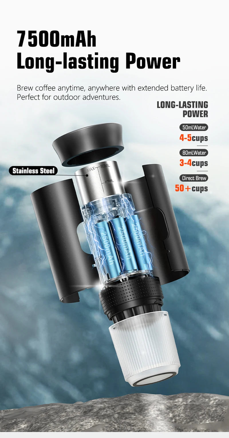 Para los amantes del cafe, Cafetera eléctrica portátil inalámbrica Foombthe para coche y camping, con depósito de agua de 80 ml, pantalla digital, 3 en 1, para cápsulas de café en polvo y viajes.