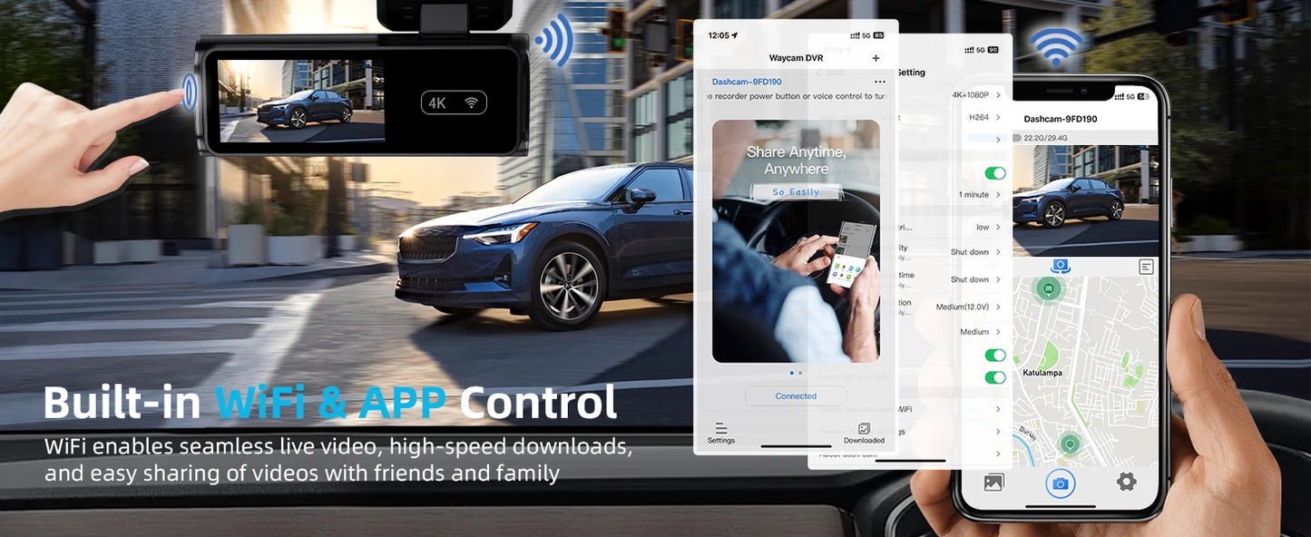 Cámara de salpicadero frontal Ultra HD 4K para coche, Mini WIFI DVR, caja negra para habitación con Monitor de estacionamiento 24H, visión nocturna, GPS/cámara de visión trasera opcional